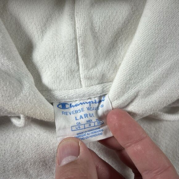 Vintage Champion Reverse Weave Hoodie Men’s Large White Blue Spell Out Y2K - Picture 6 of 10